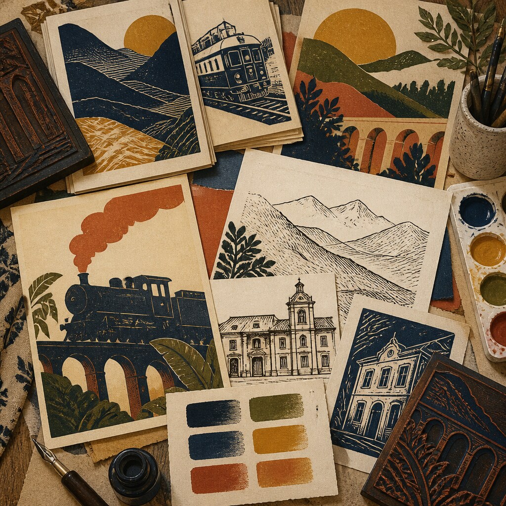 Ilustração de materiais gráficos inspirados na identidade cultural do Vale do Paraíba e da Mantiqueira