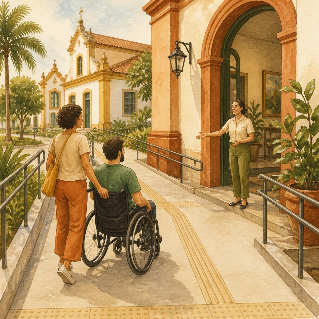 Ilustração de turismo acessível e acolhedor para pessoas com deficiência